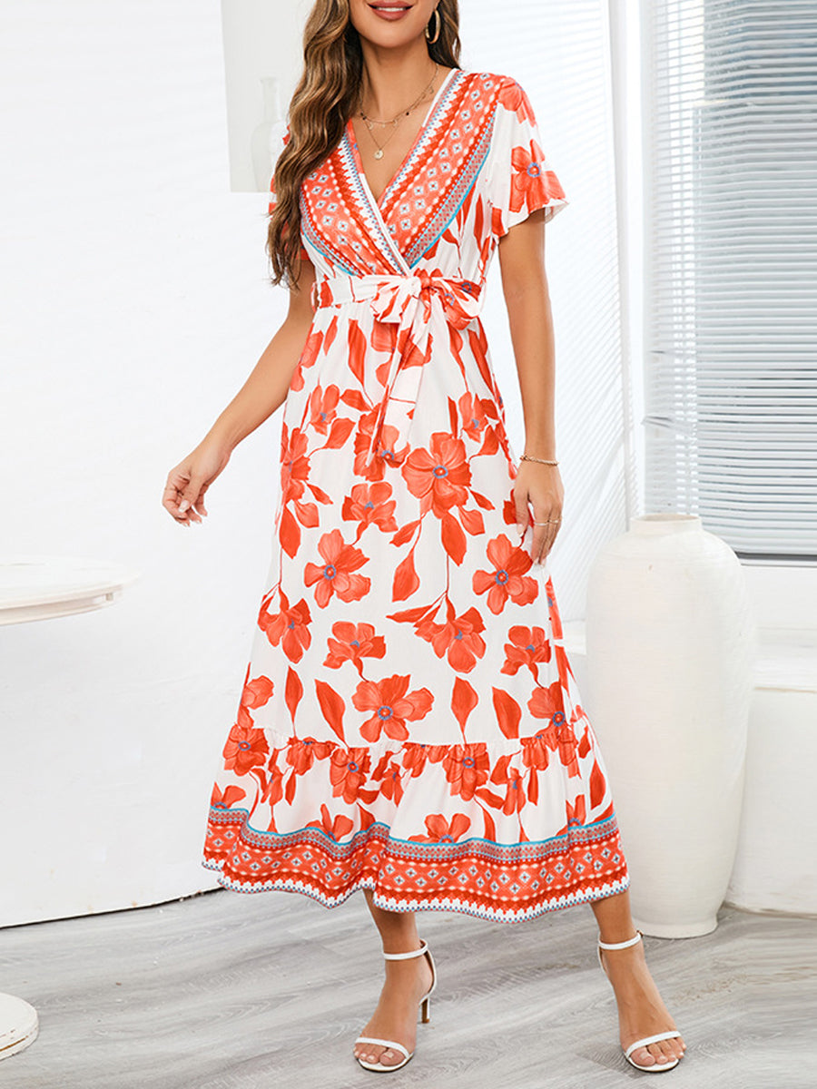 Retro Print Tie Slimming V Neck Fit Midi Dress