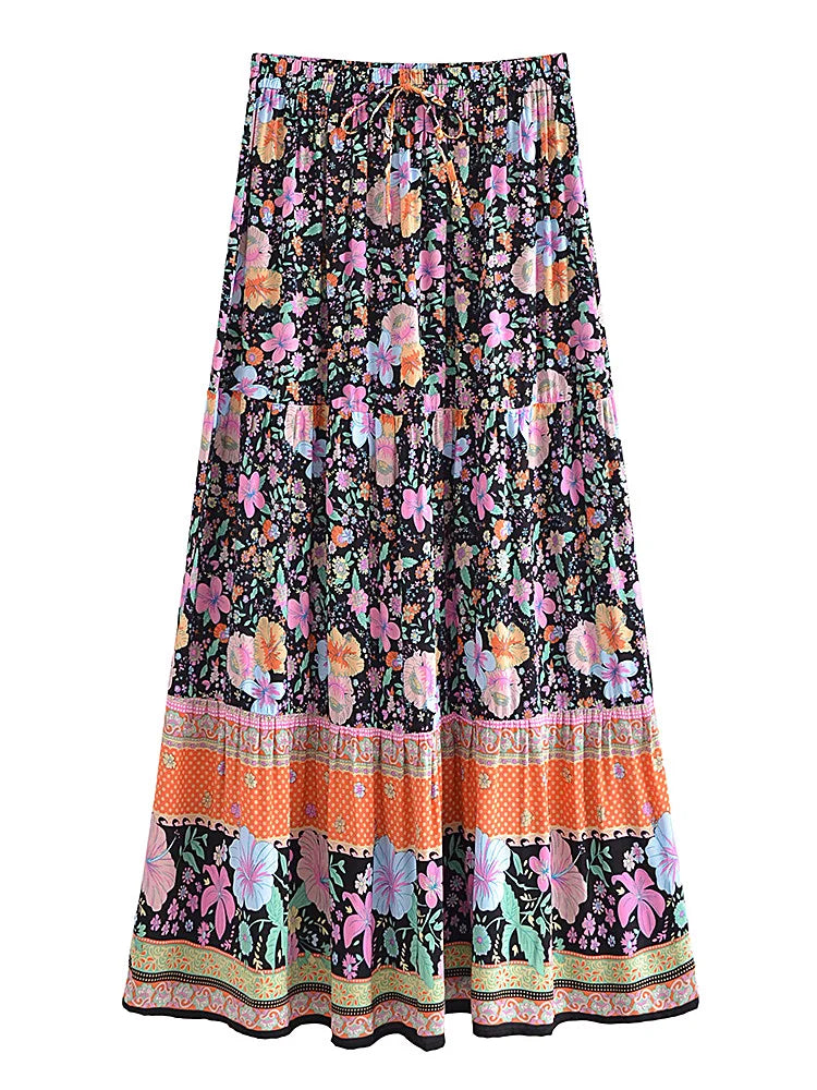 Boho Maxi Skirt - Hippie Style in Zoey Flower Pink Blue