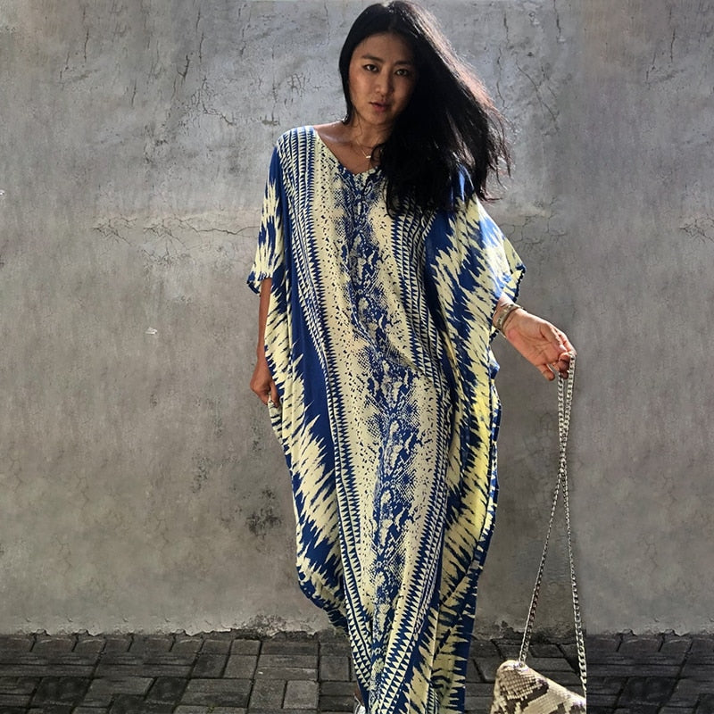 Beach Dress, Cover up Dress,, Kaftan Dress, Blue Tie Dye Print