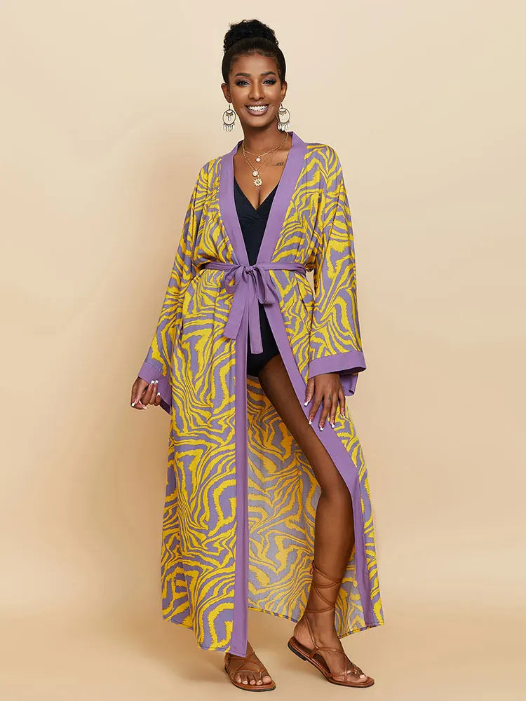 Beach Robe - Boho Robe - Summer Chic Cover-Up with Tie Dye Ausha Stripe Black Yellow