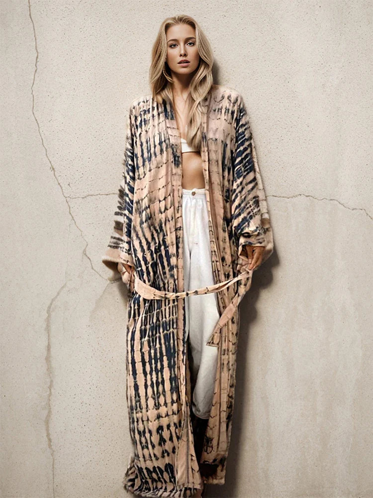 Beach Robe - Boho Robe - Summer Chic Cover-Up with Tie Dye Ausha Beige