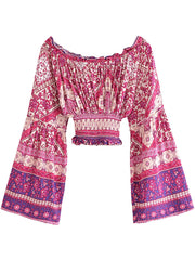 Boho Two Piece Set - Crop Top Blouse and Palazzo Pant - Pink Fuchsia