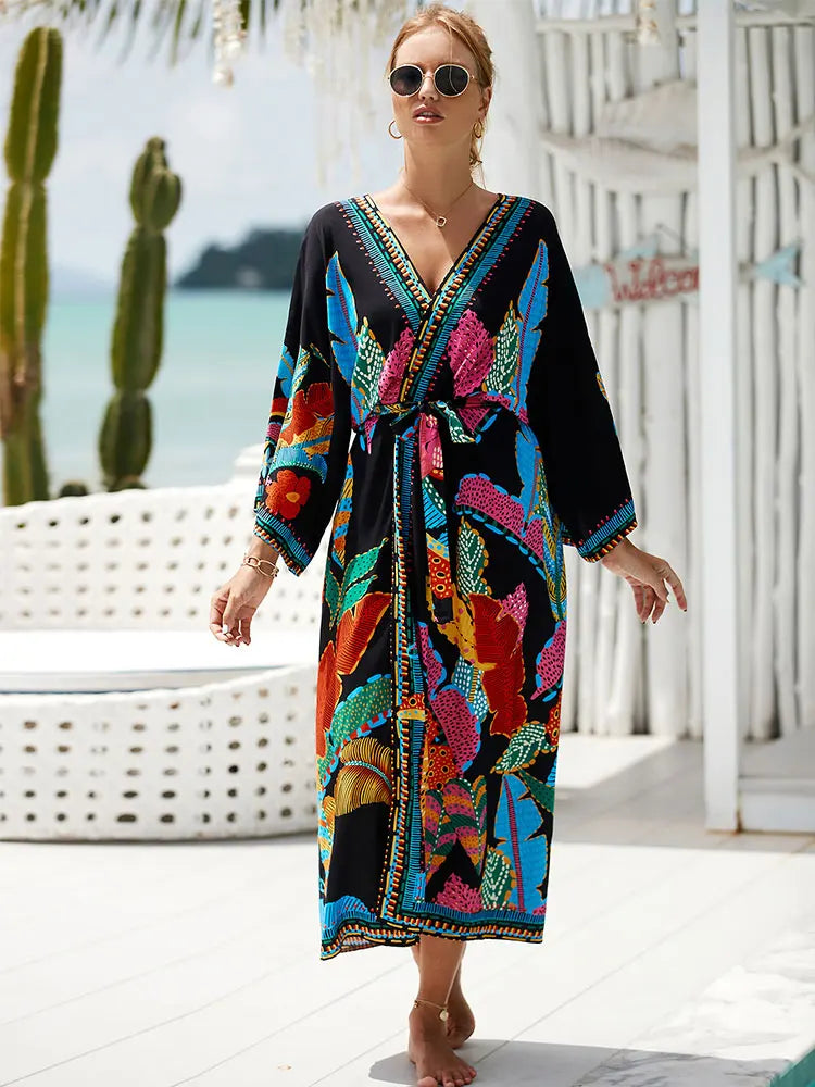 Beach Robe - Boho Robe - Summer Chic Cover-Up with Talulla Feather in Black