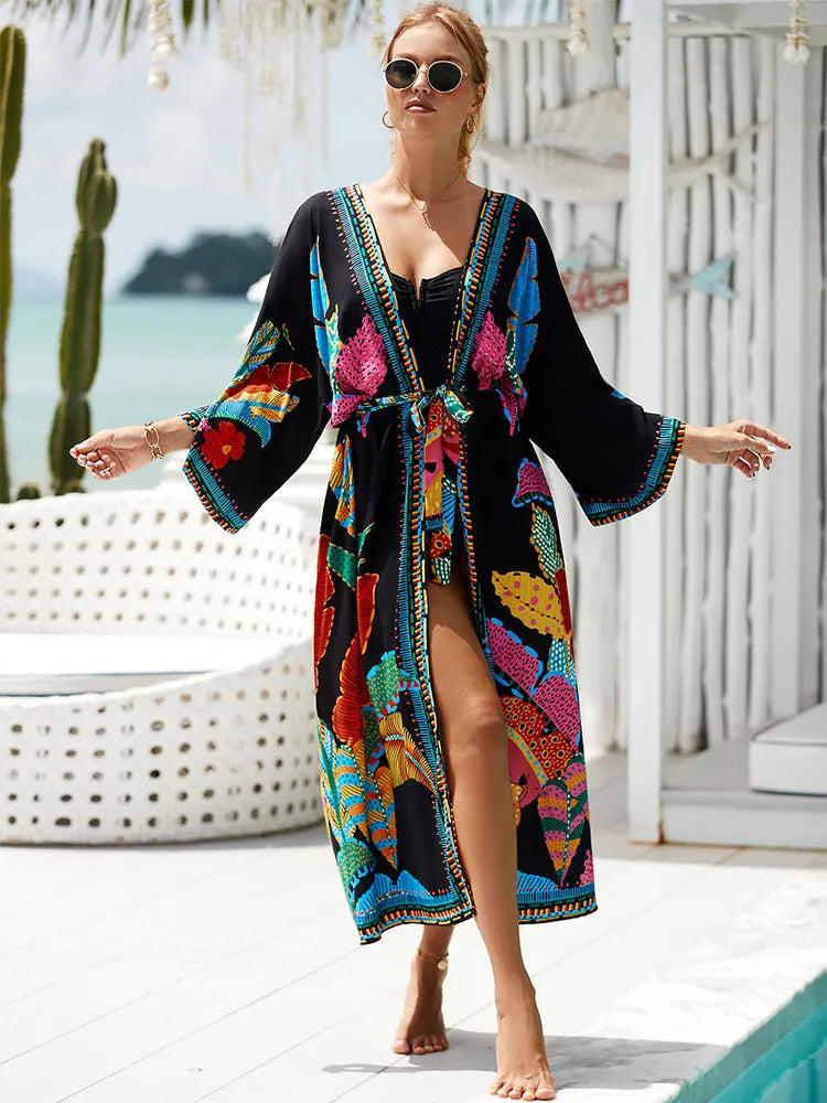 Beach Robe - Boho Robe - Summer Chic Cover-Up with Talulla Feather in Black