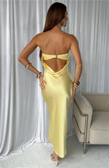 Boho Satin Party Dress, Halter Maxi Backless Dress, Adeline in Pink and Yellow