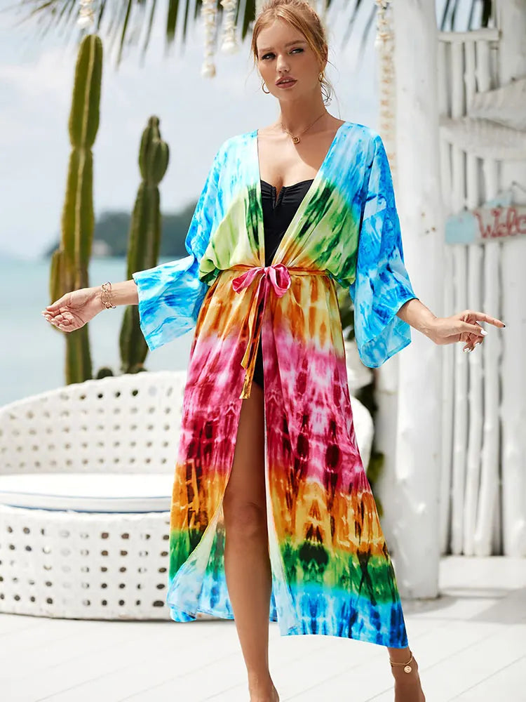 Beach Robe - Boho Robe - Summer Chic Cover-Up with Tie Dye Ausha Pink