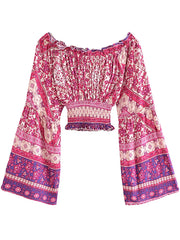 Boho Two Piece Set - Crop Top Blouse and Palazzo Pant - Pink Fuchsia