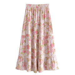 Boho Two Piece Set - Crop Top Blouse and Maxi Skirt - Pink Rosy Aria