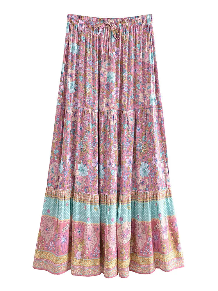 Boho Maxi Skirt - Hippie Style in Zoey Flower Pink Blue