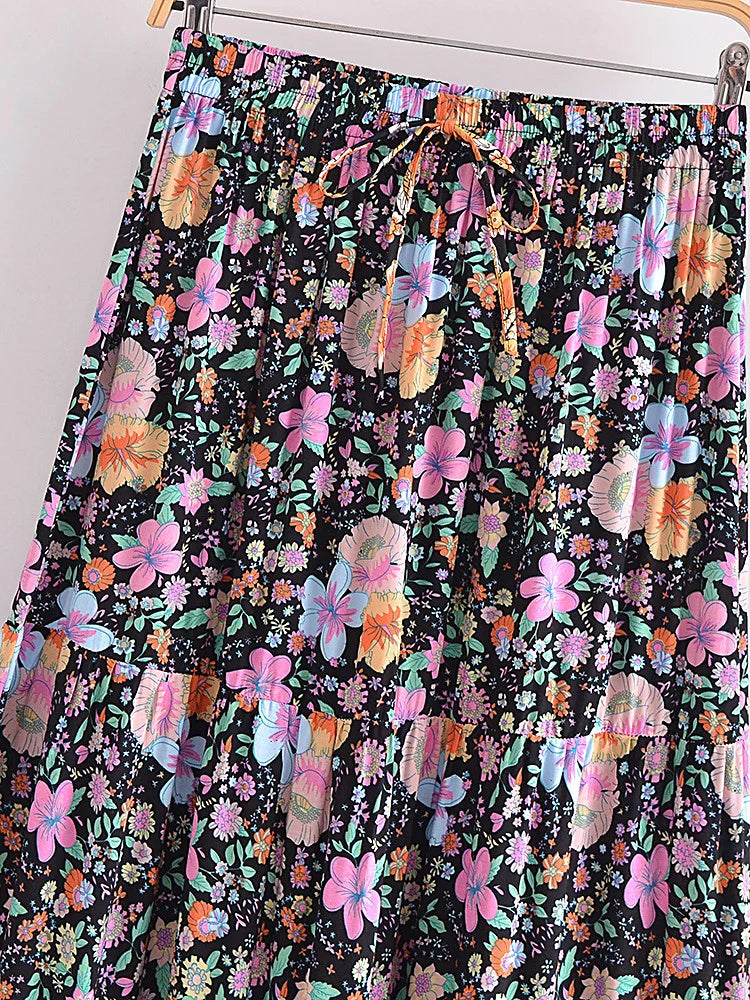 Boho Maxi Skirt - Hippie Style in Zoey Flower Pink Blue