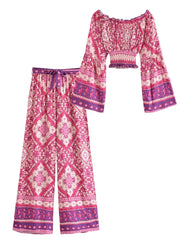 Boho Two Piece Set - Crop Top Blouse and Palazzo Pant - Pink Fuchsia