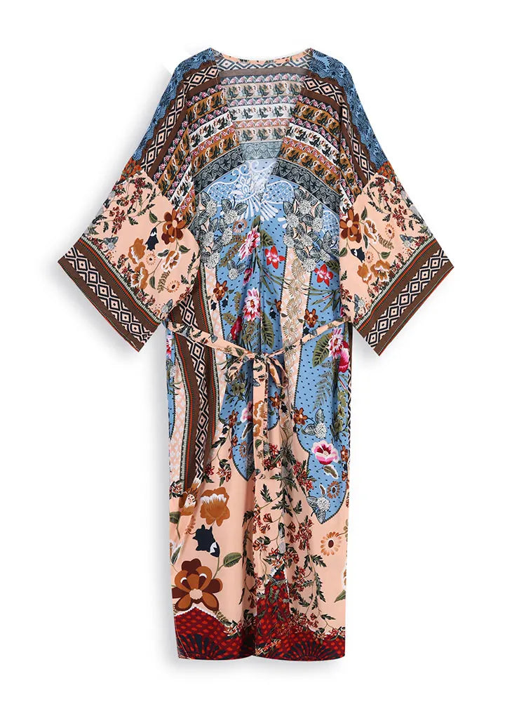 Beach Robe - Boho Robe - Summer Chic Cover-Up with Flower Feather Print Sunniva