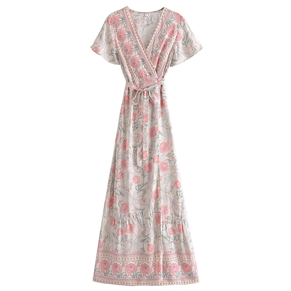 Boho Maxi Dress, Wild Rose in Pink, Blue and Smoke