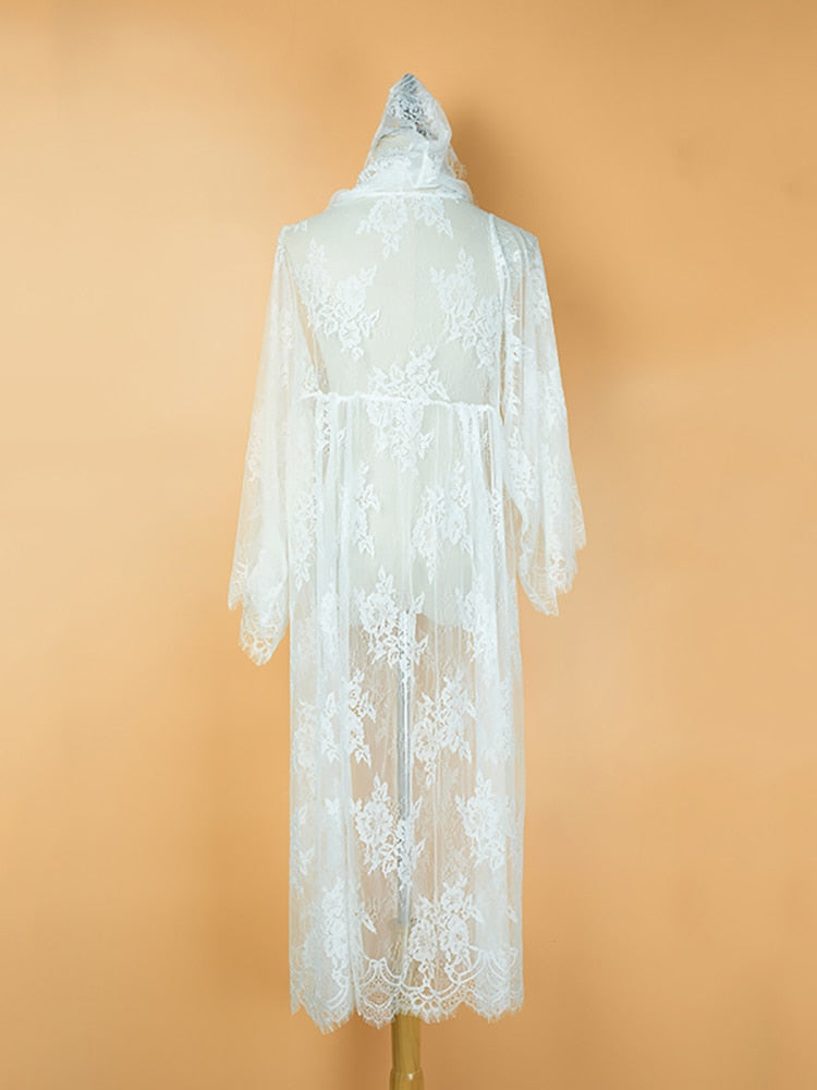 Beach Robe, Hooded Cover Up, Elsie in White Lace