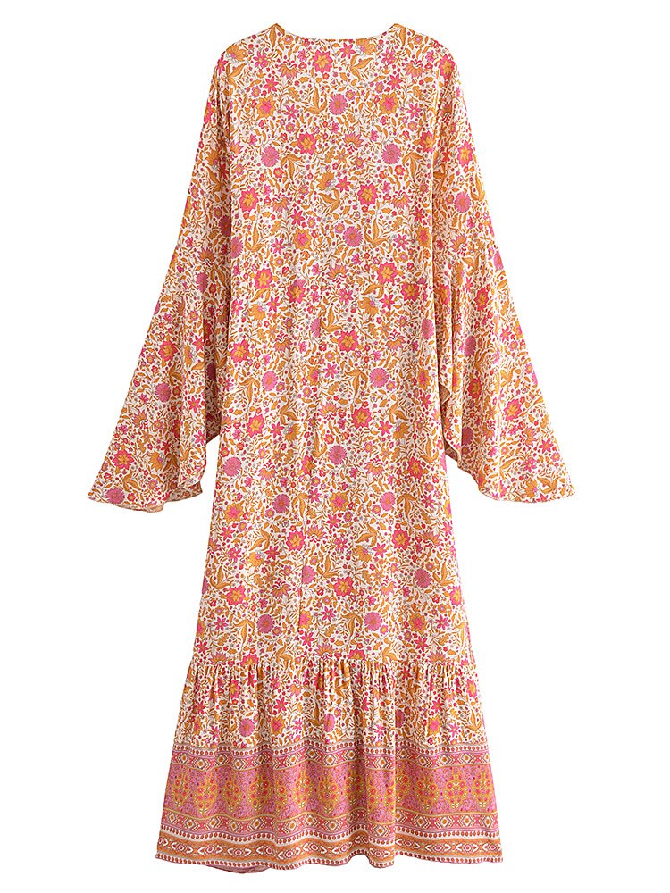 Boho Robe, Kimono Robe, Maxi Dress, Gown, Indian Flower in Pink