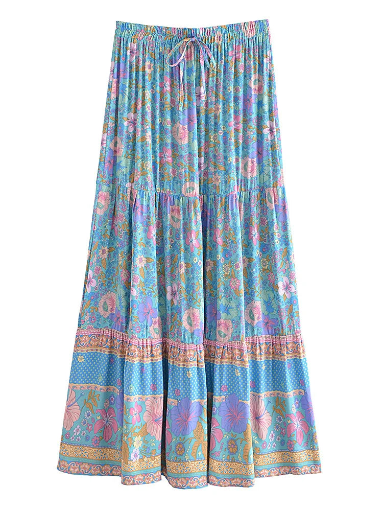 Boho Maxi Skirt - Hippie Style in Zoey Flower Pink Blue