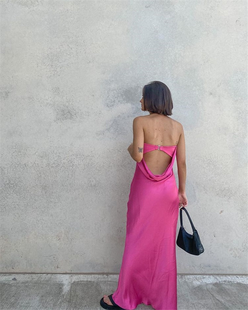 Boho Satin Party Dress, Halter Maxi Backless Dress, Adeline in Pink and Yellow