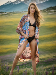 Beach Robe - Boho Robe - Summer Chic Cover-Up with Flower Feather Print Sunniva