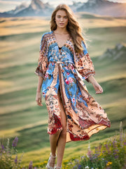 Beach Robe - Boho Robe - Summer Chic Cover-Up with Flower Feather Print Sunniva