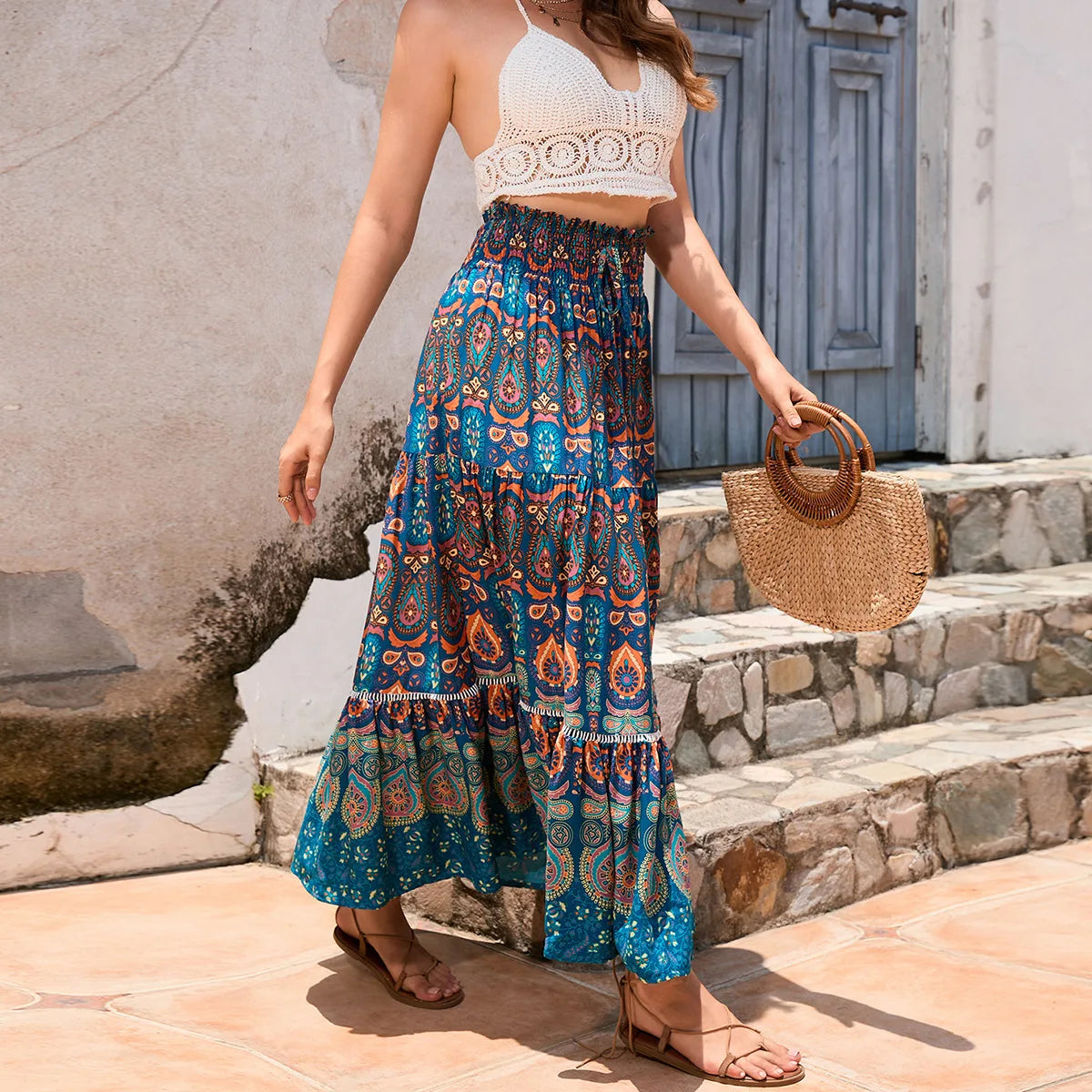 Boho Maxi Skirt - Hippie Style in Blue Peacock