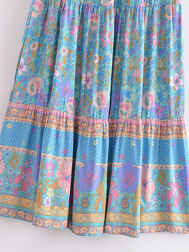 Boho Maxi Skirt - Hippie Style in Zoey Flower Pink Blue