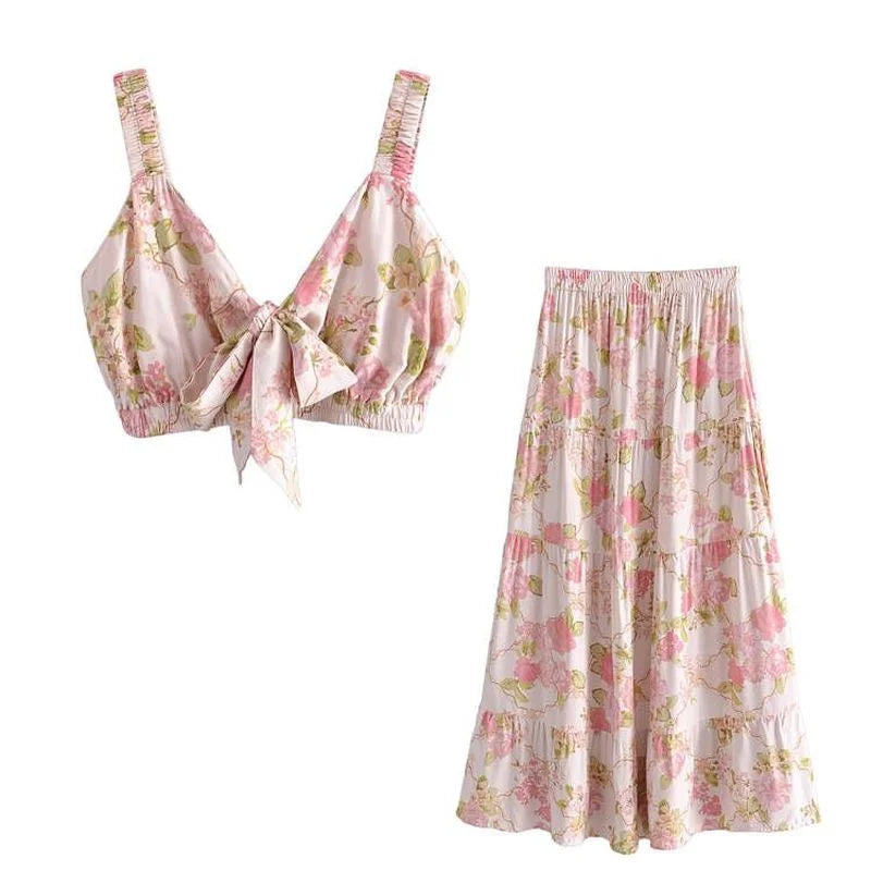 Boho Two Piece Set - Crop Top Blouse and Maxi Skirt - Pink Rosy Aria