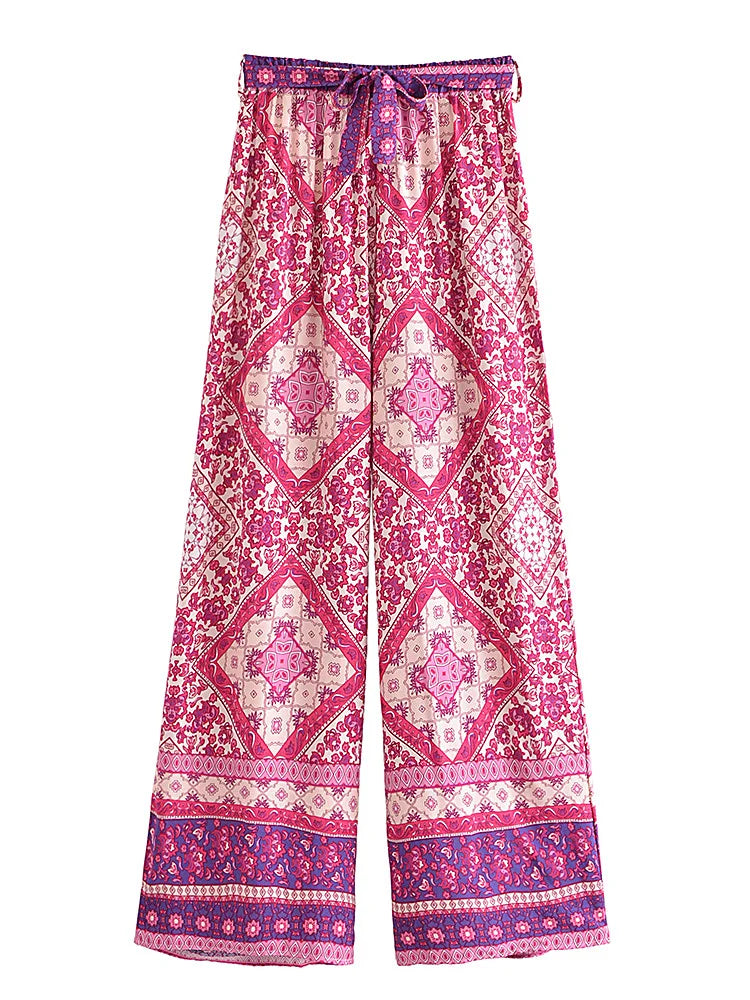 Boho Two Piece Set - Crop Top Blouse and Palazzo Pant - Pink Fuchsia