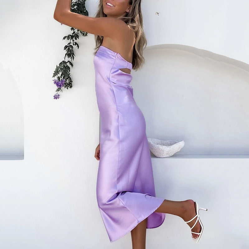 Boho Satin Party Dress, Halter Maxi Backless Dress, Sylvie in Blue