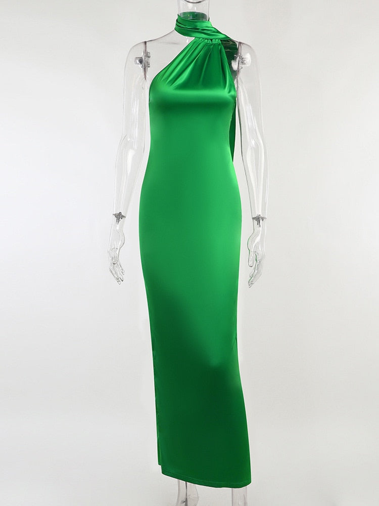 Boho Satin Party Dress, Halter Maxi Backless Dress, Louis in Orange, Green and Black