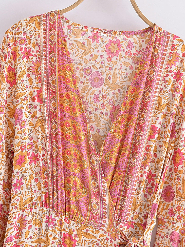 Boho Robe, Kimono Robe, Maxi Dress, Gown, Indian Flower in Pink