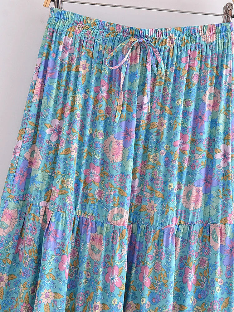 Boho Maxi Skirt - Hippie Style in Zoey Flower Pink Blue