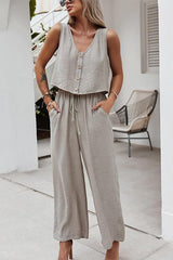 Button Sleeveless Drawstring Loose Pants Set