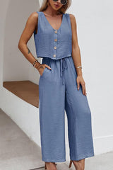 Button Sleeveless Drawstring Loose Pants Set