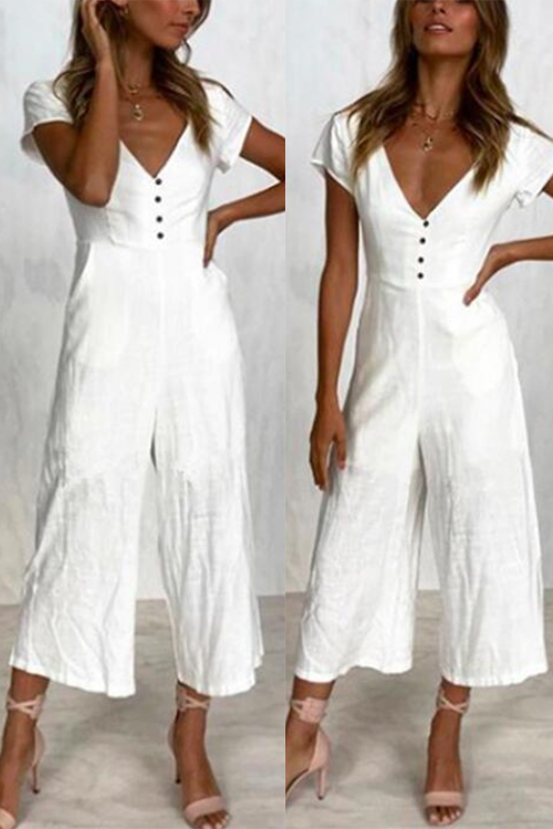 Button V Neck Short Sleeve Jumpsuits