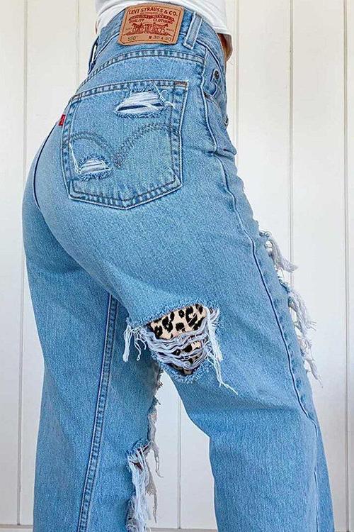 Ripped Leopard Loose Leg Jeans