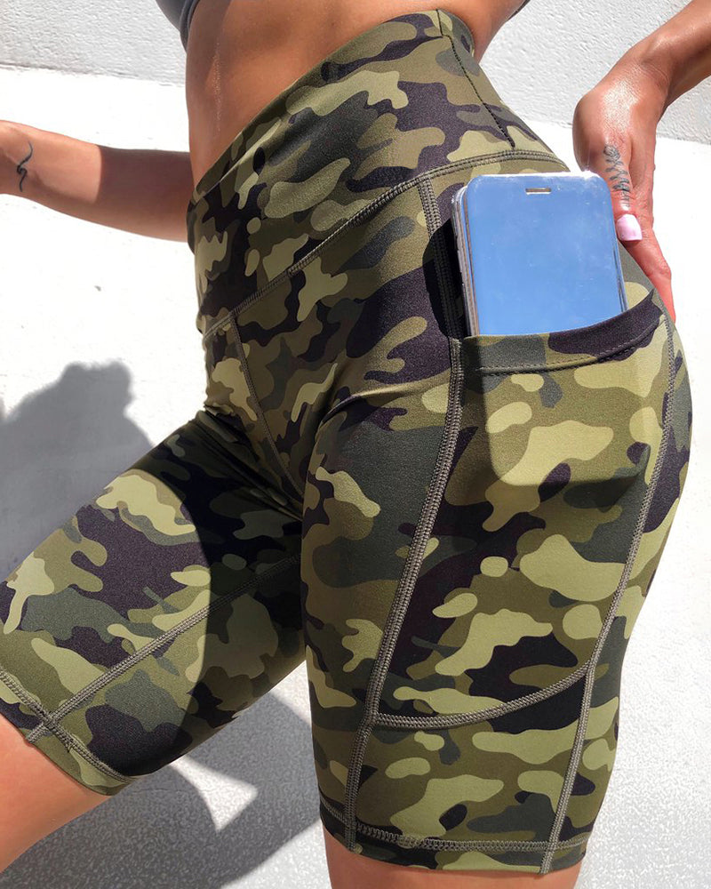 Camo Print Phone Pocket High Waist Biker Shorts