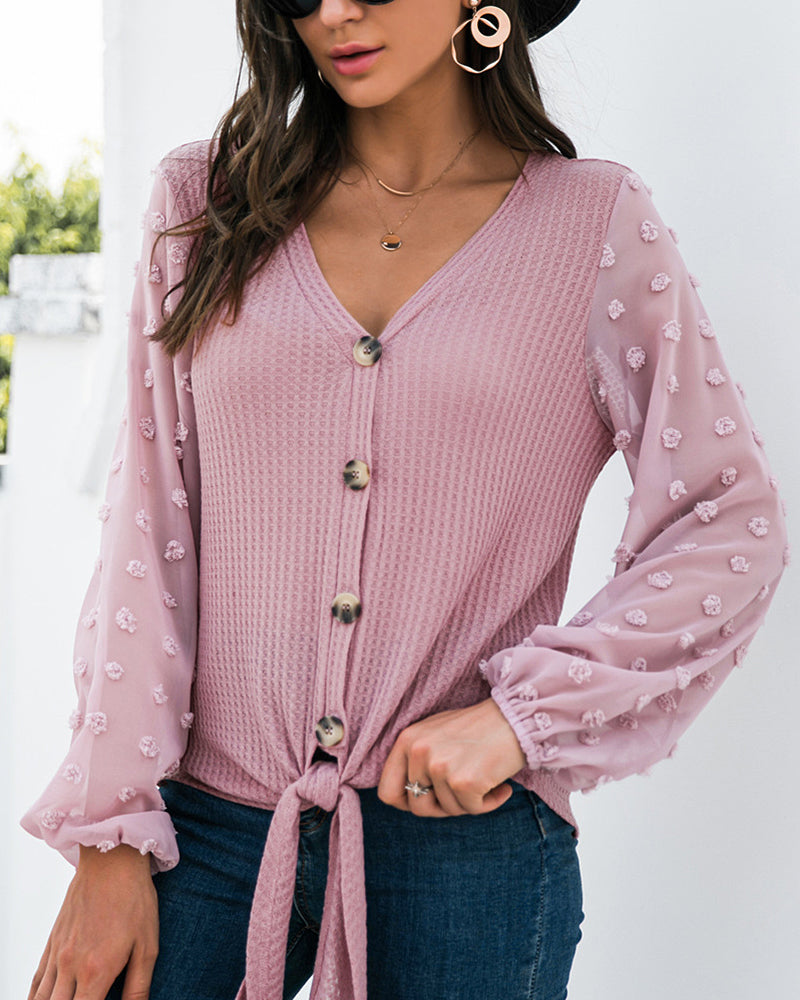 Button Up Swiss Dot Knot Front V Neck Sweater