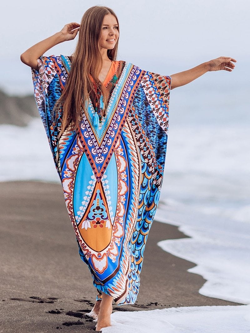 Beach Dress, Cover up Dress,, Kaftan Dress, Tribal Aster in Blue