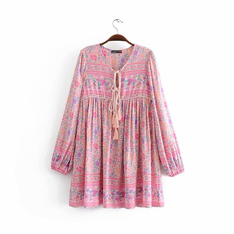 Boho Mini DressTunic Dress, Wild Floral in Pink