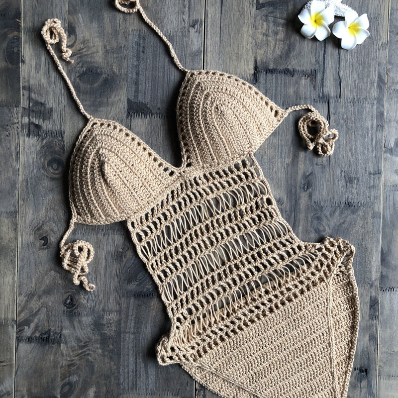 Boho Bikini Set Crochet Cover up, White, Apricot and Black