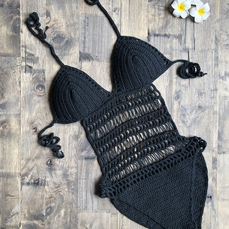 Boho Bikini Set Crochet Cover up, White, Apricot and Black