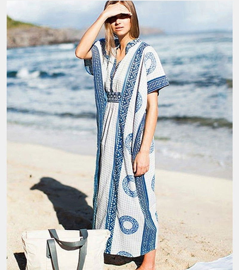 Beach Dress, Cover up Dress,, Maxi Boho Dress, Blue and Red Tibet