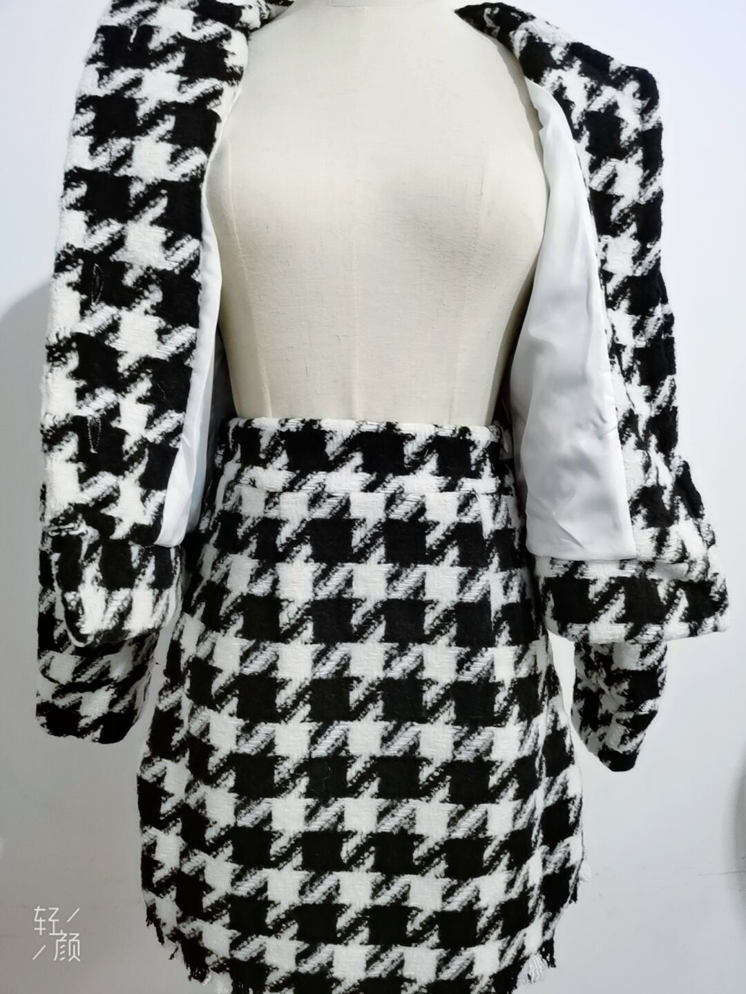 Autumn Winter Two Piece Set, Matching Wool Plaid Jacket and Mini Skirt, Vintage Winter in Black-White