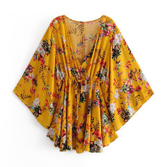 Boho Mini Dress Sundress, Wild Floral in Yellow Butterfly