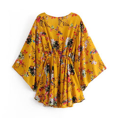 Boho Mini Dress Sundress, Wild Floral in Yellow Butterfly