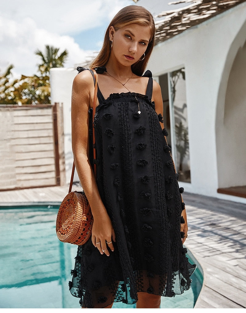 Boho Mini Dress Sundress, Black Pom Pom