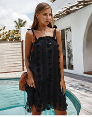 Boho Mini Dress Sundress, Black Pom Pom