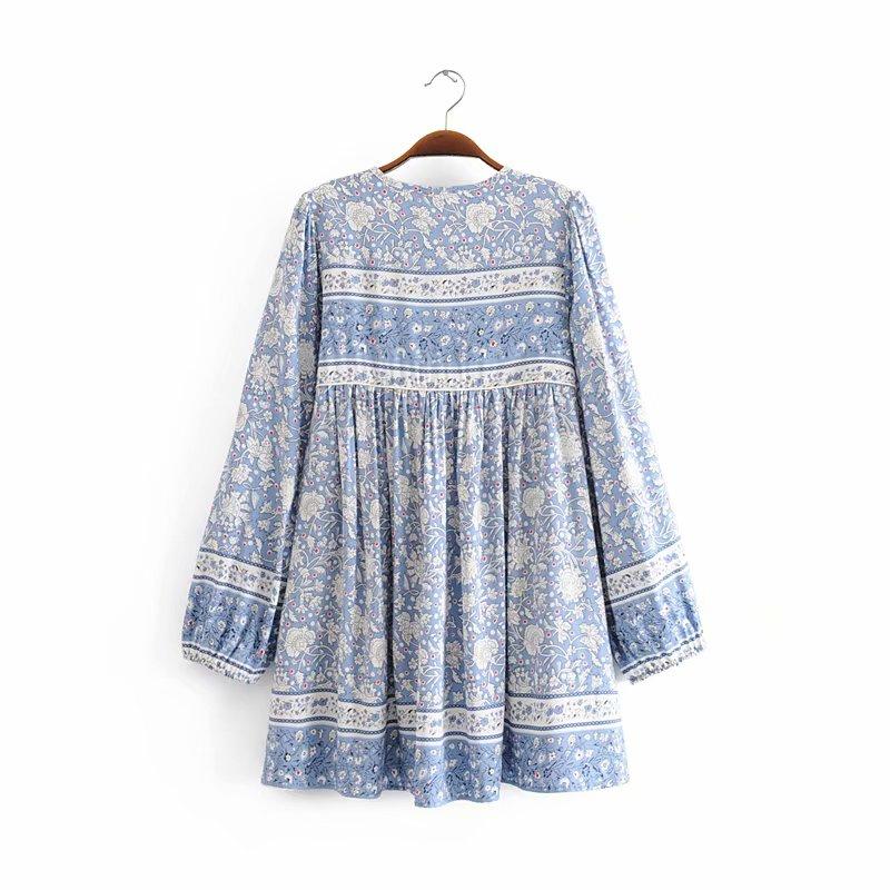 Boho Mini Dress Tunic Dress, Wild Flower Blue Sky