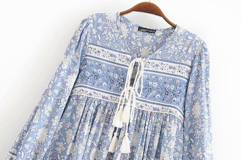 Boho Mini Dress Tunic Dress, Wild Flower Blue Sky