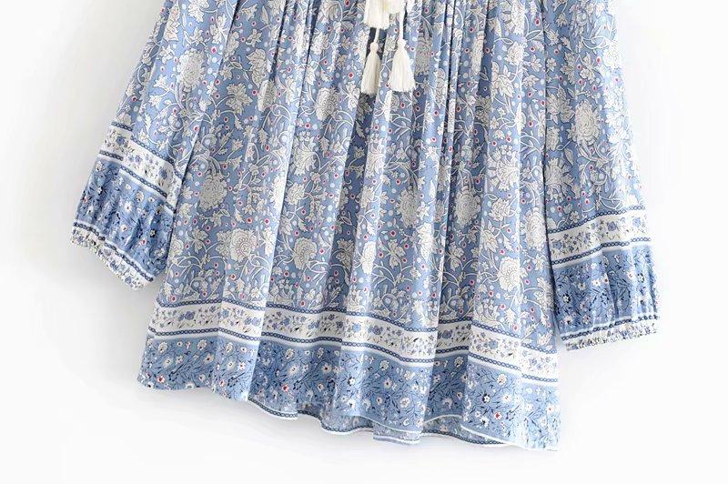 Boho Mini Dress Tunic Dress, Wild Flower Blue Sky